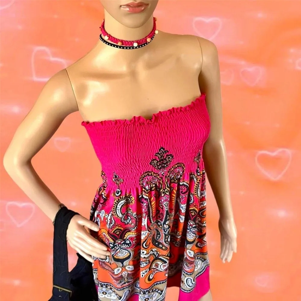 Y2K Vibrant Colorful Paisley Strapless Summer Dress - Picture 4 of 5